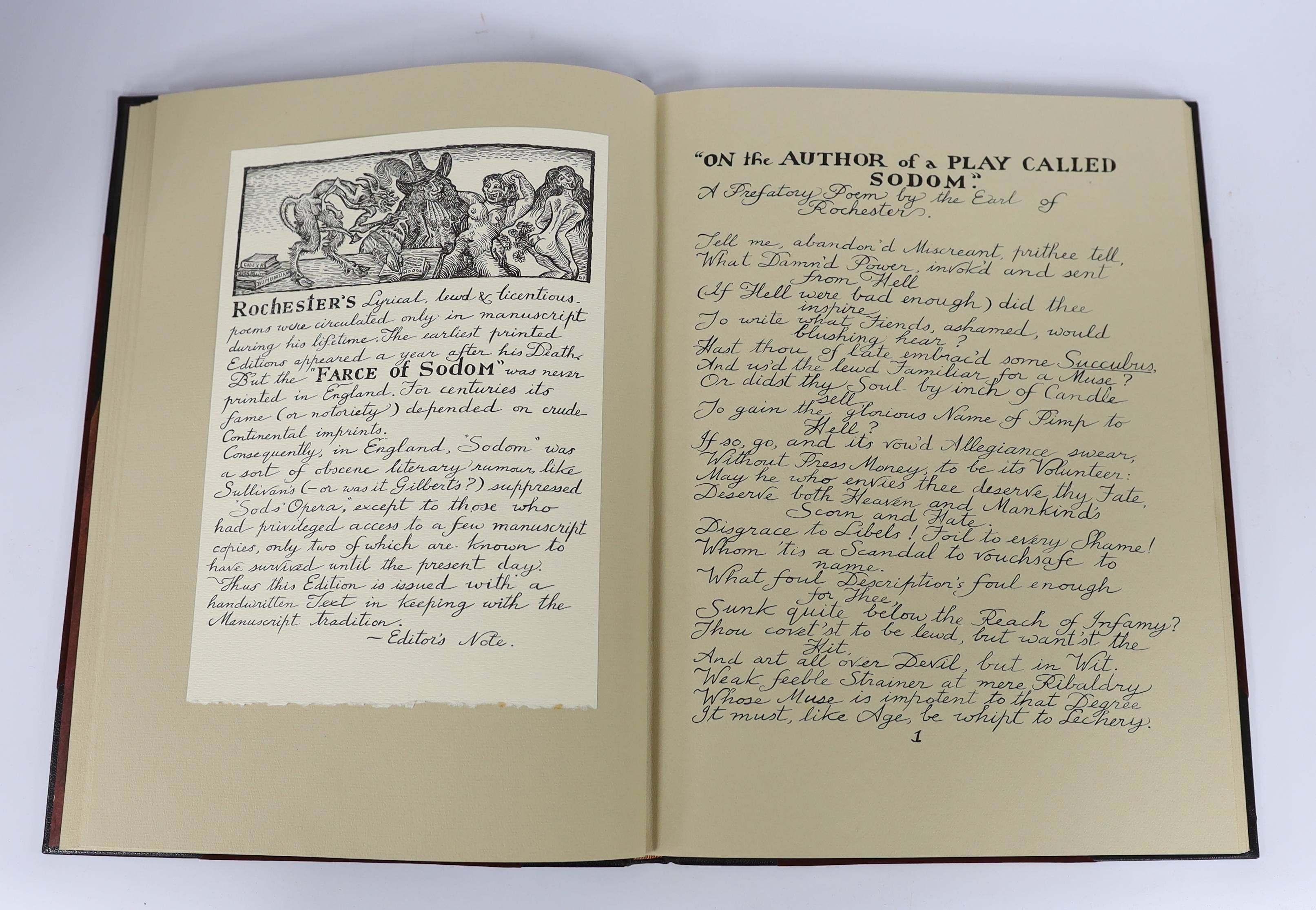 Wilmot, John (Earl of Rochester) The Farce of Sodom. Written for the Royal Company of Whoremasters...With sets and costumes suitable for theatrical performances designed by Donald Friend. Limited Edition (of 250 numbered